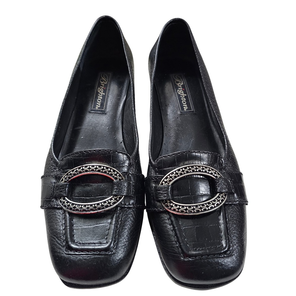 Brighton Black Pebbled Leather Croc Embossed Loafers Silver Buckle 7.5M Office - Picture 2 of 7